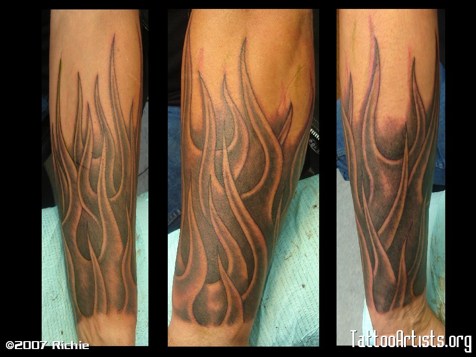 Grey Flame Tattoo On Arm Sleeve