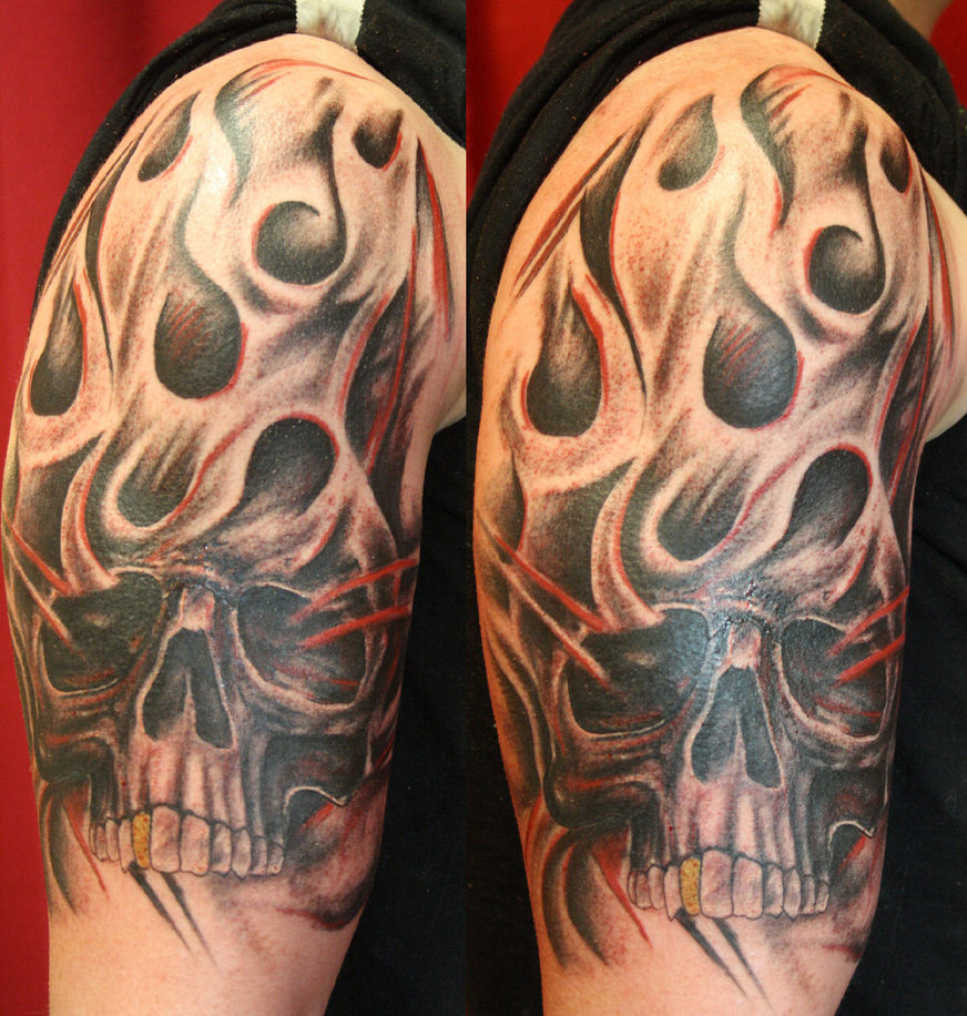 Grey Flaming Skull Tattoo On Right Half Sleeve