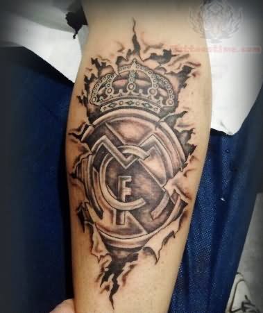 Grey Ink Real Madrid C F Logo Tattoo On Arm