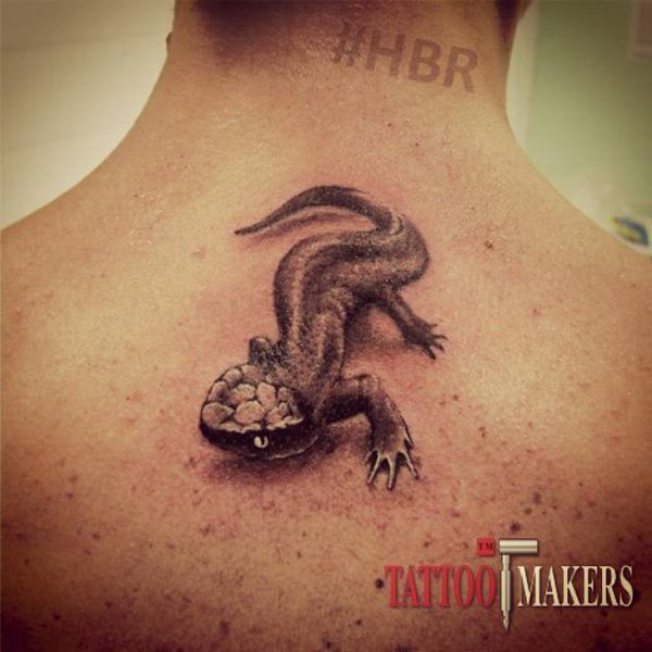 Grey Ink Salamander Tattoo On Upper Back By S Hellblazer