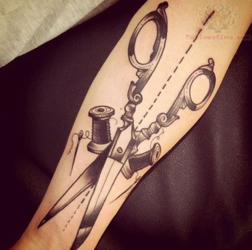 Grey Ink Scissor Sewing Tattoo On Arm