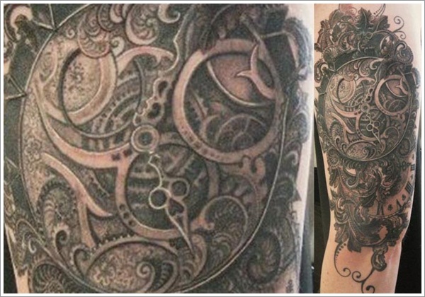 Grey Ink Steampunk Tattoo On Half Sleeve