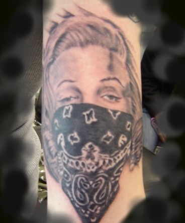 Grey Ink Thug Life Girl Portrait Tattoo On Arm