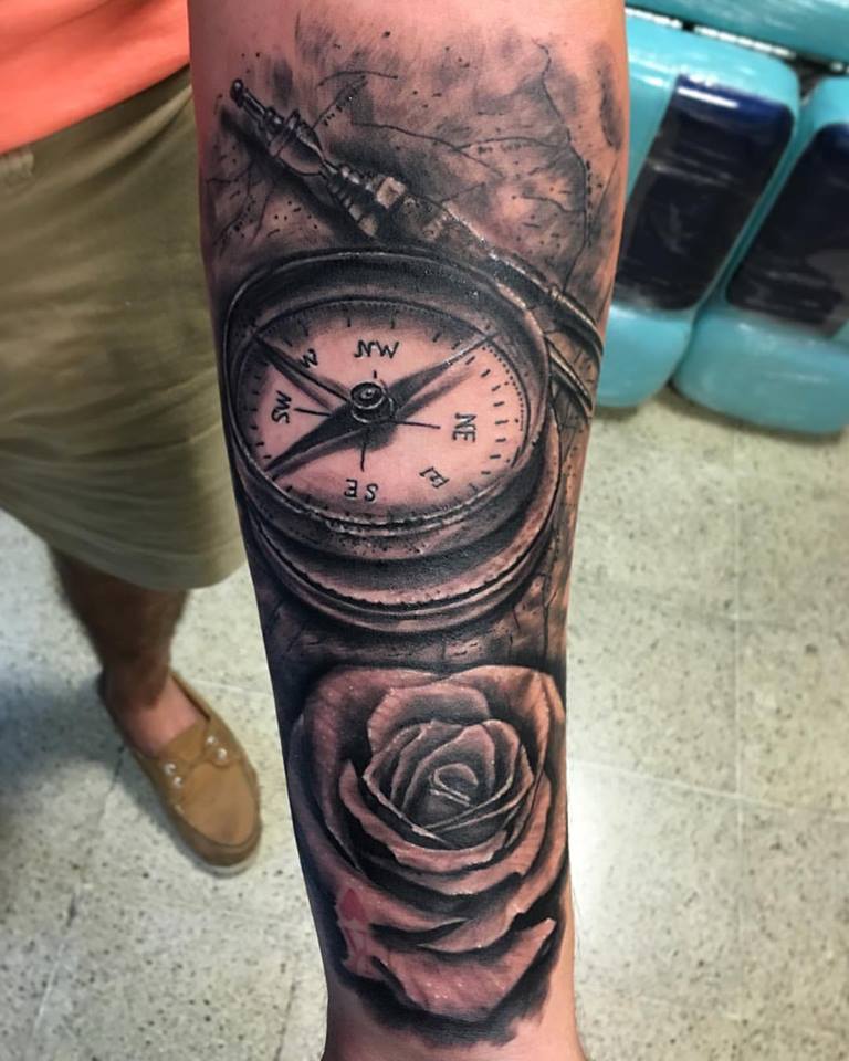 Grey Rose Flower And Compass Tattoo On Left Forearm by Gutti Canvasink Medellin