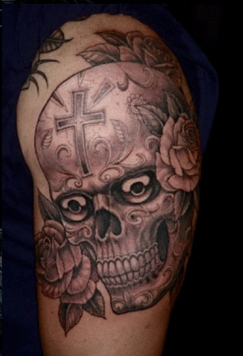 Grey Rose Flowers And Skull Tattoo On Left Shoulder by Chris Garver