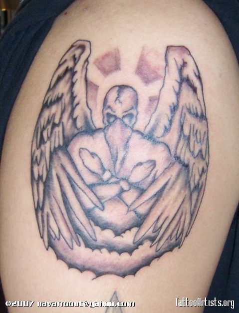 Grey Thug Angel Tattoo On Shoulder