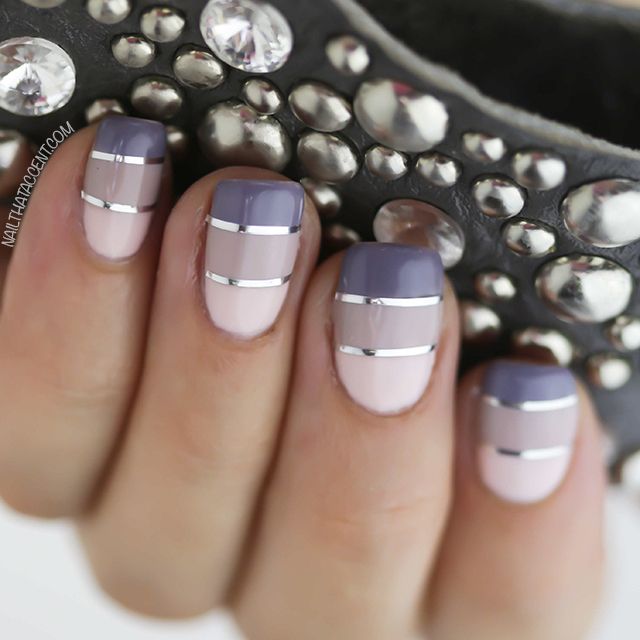 Grey Tip With Silver Striping Tape Nail Art