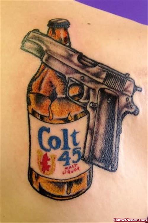 Gun And Beer Thug Tattoo