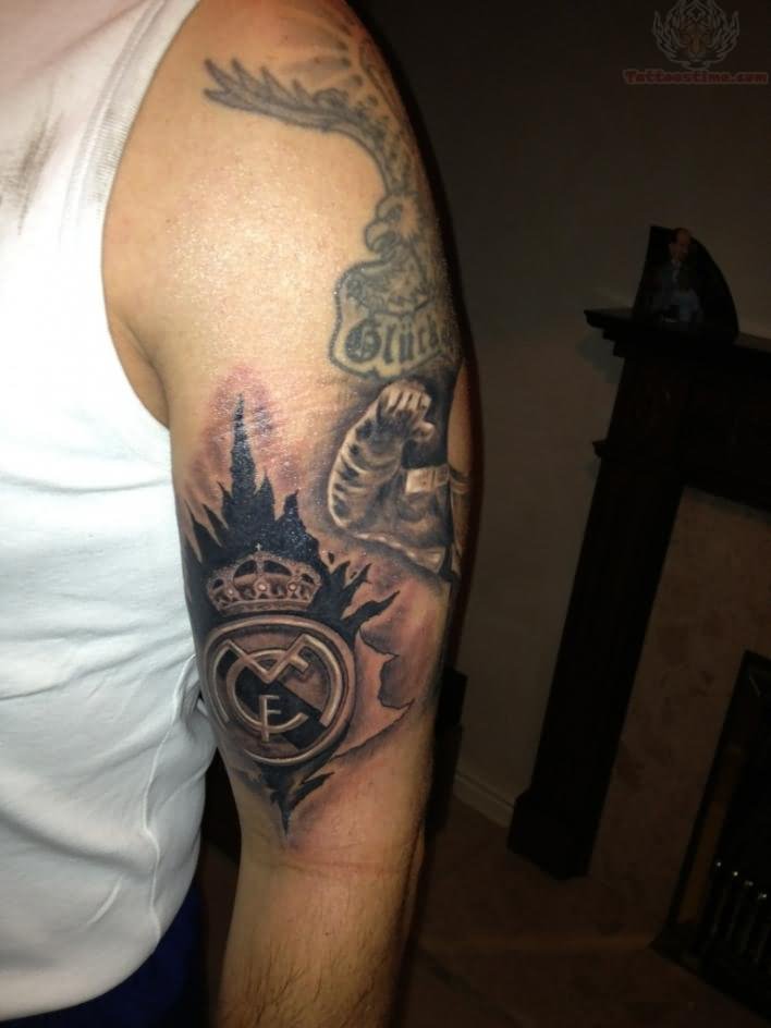 Half Sleeve Real Madrid Logo Tattoo