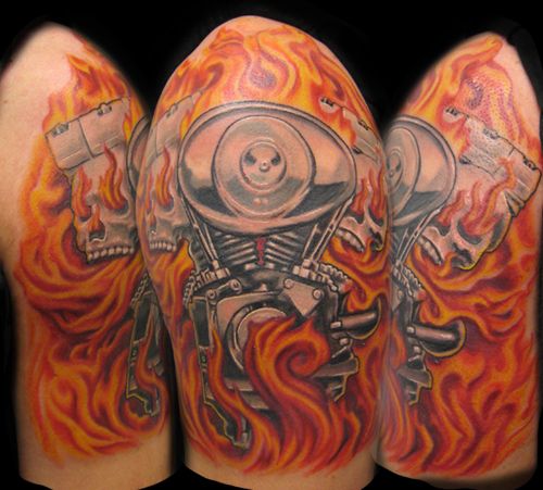 Harley Davidson Engine With Flames Tattoo By Daniel Brockett