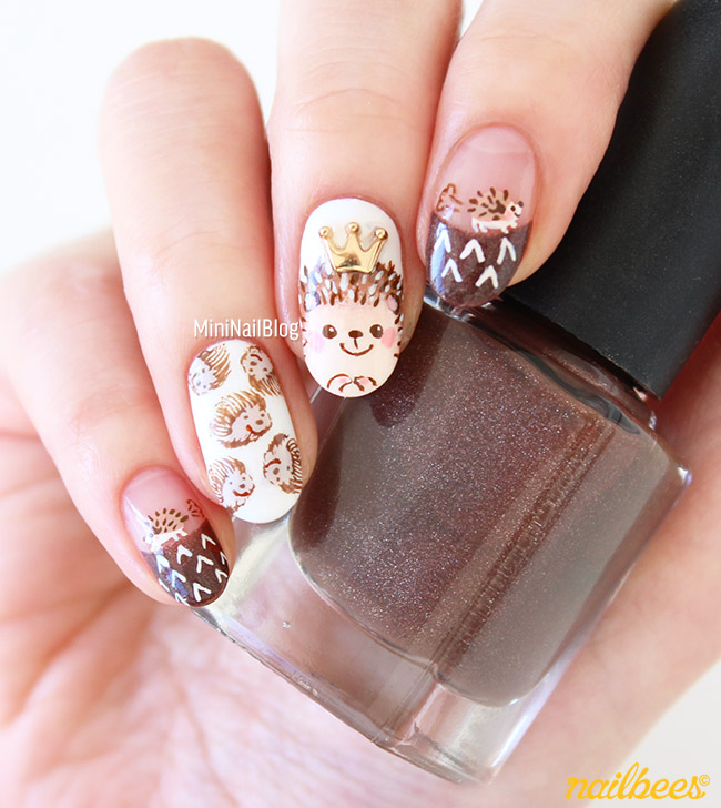 Hedgehog With Crown And Brown Tip Design Nail Art
