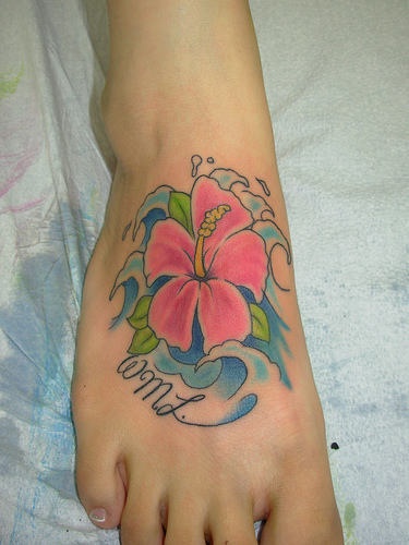 Hibiscus Water Waves Tattoo On Right Foot