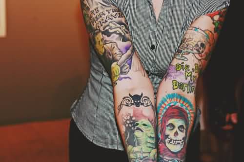 Horror Punk Tattoos On Both Full Sleeves