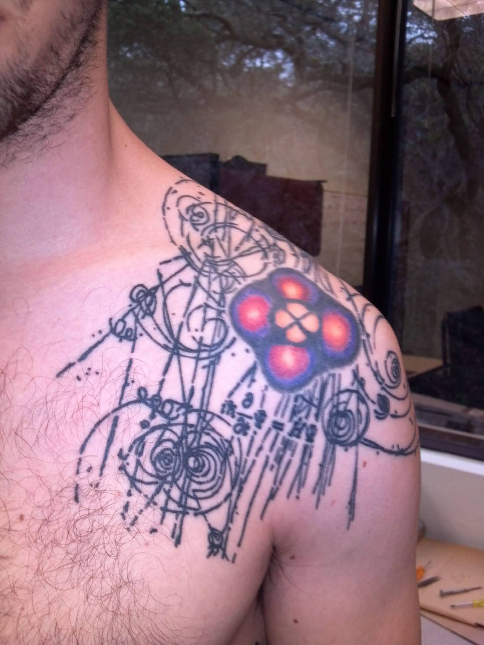 Hydrogen Atom Physics Tattoo On Upper Shoulder For Men