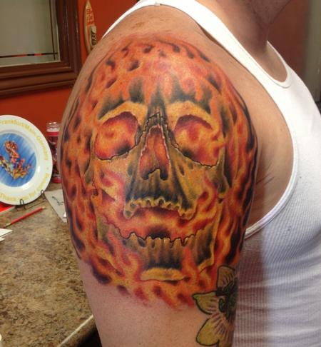 Impressive Fire Skull Tattoo On Shoulder For Men