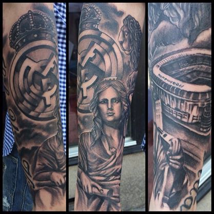 Impressive Grey Ink Real Madrid Tattoo On Arm Sleeve