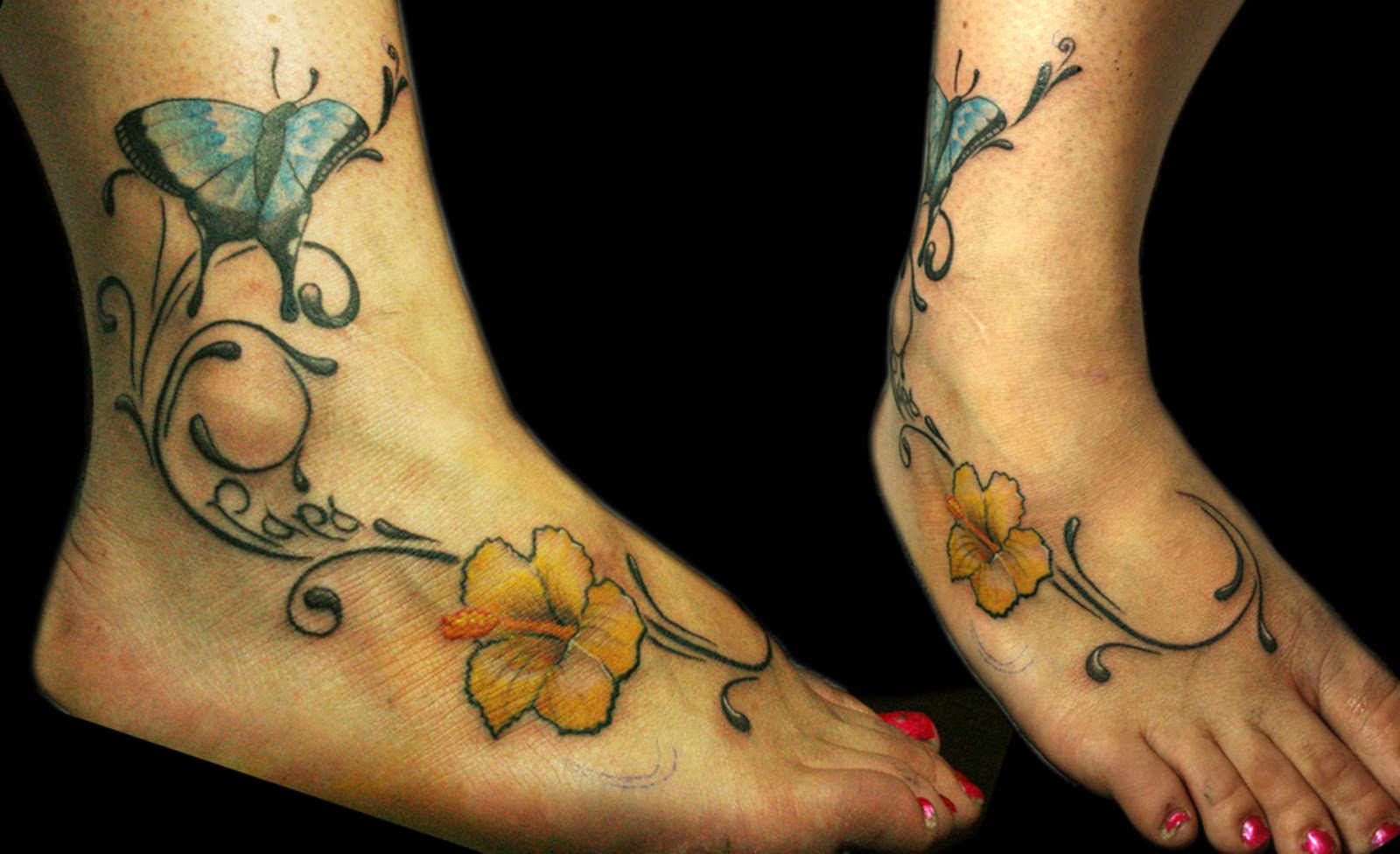 Impressive Hibiscus Tattoo On Right Foot