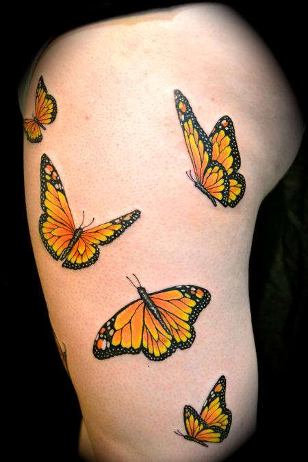 Impressive Monarch Series Tattoo On Thigh