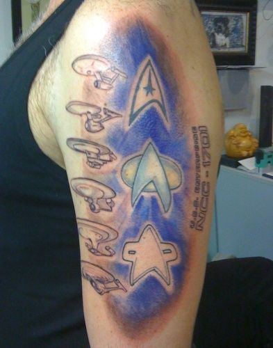 Impressive Star Trek Enterprise Tattoo On Left Half Sleeve