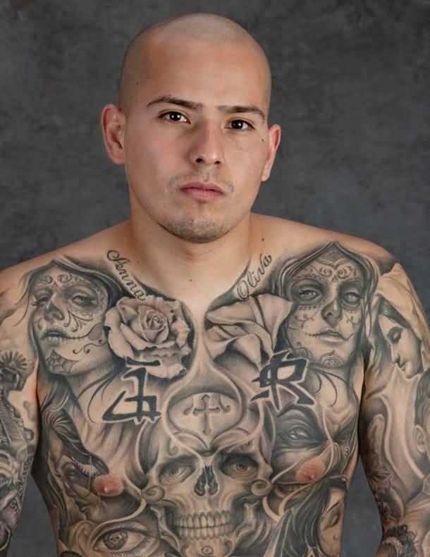 Incredible Grey Ink Latino Tattoo On Full Body