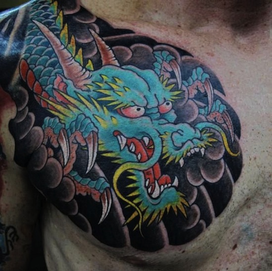 Japanese Dragon Tattoo On Man Chest by Chris Garver