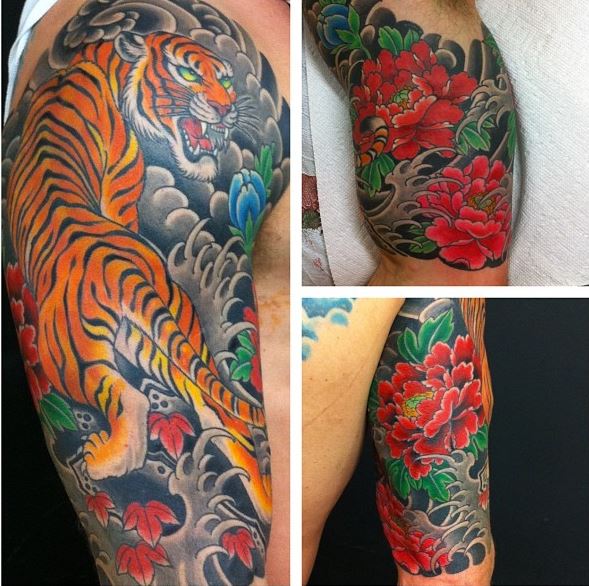 Japanese Tiger And Flowers Tattoo On Sleeve by Chris Garver