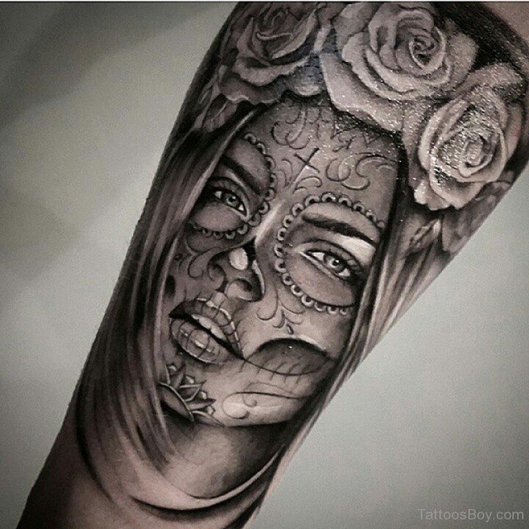 Latino Girl And Rose Tattoo On Arm Sleeve