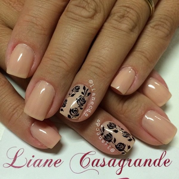 Light Brown Nails With Black Rose Flowers Nail Art