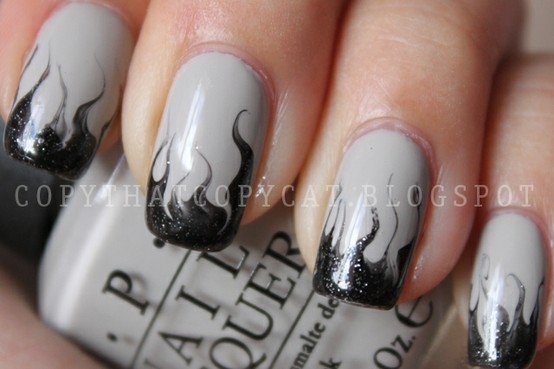 Light Gray Nails With Smokey Black Nail Art