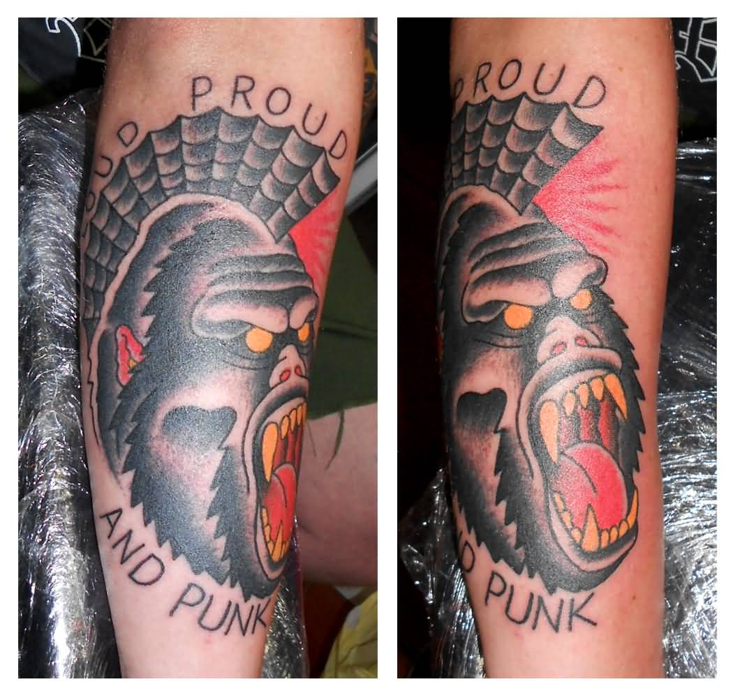 Loud Proud And Punk Gorilla Traditional Tattoo On Arm Sleeve