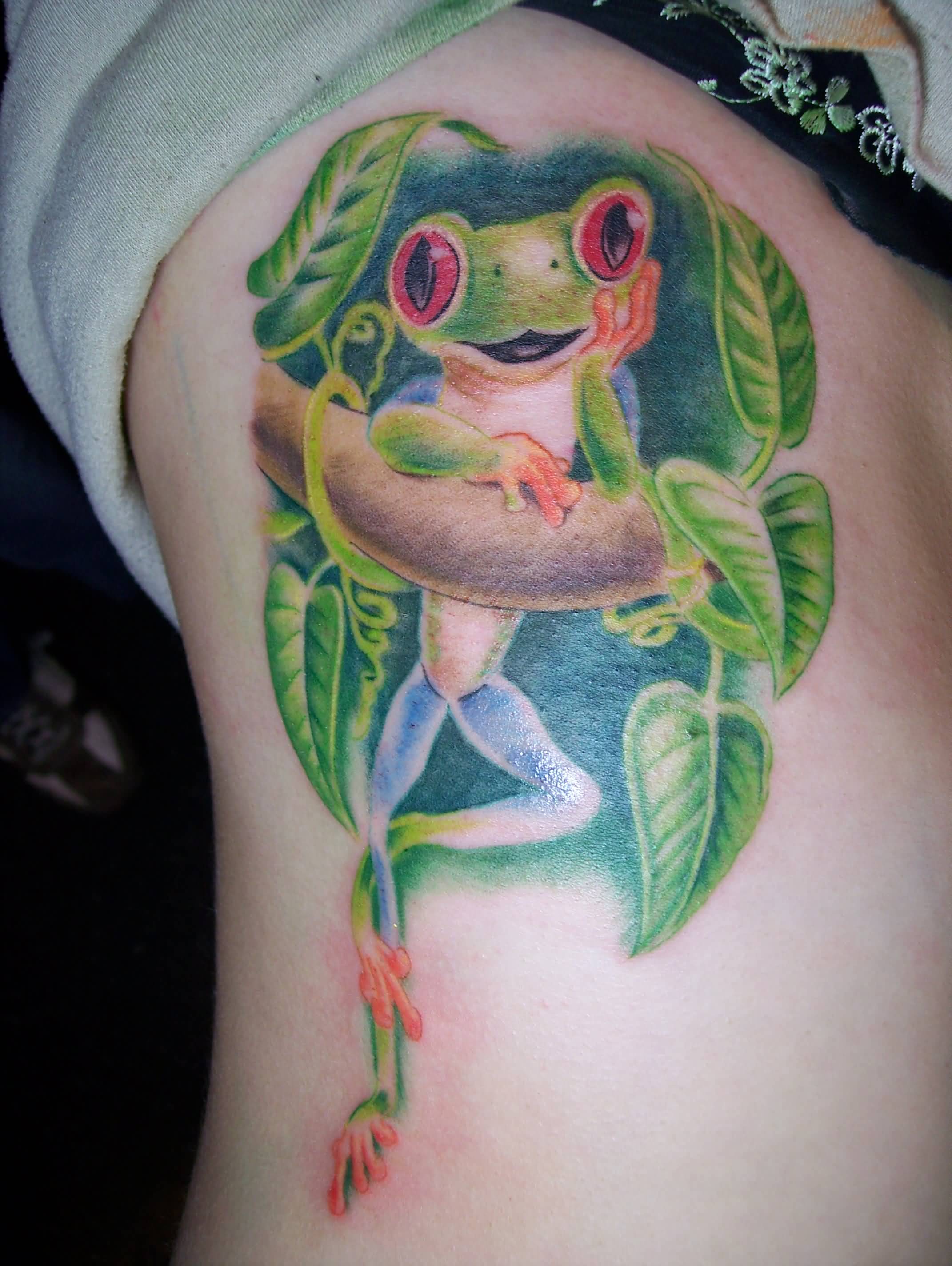 Lovely Happy Frog Tattoo On Girl Side Rib