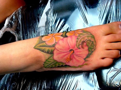 Lovely Hibiscus Right Foot Tattoo