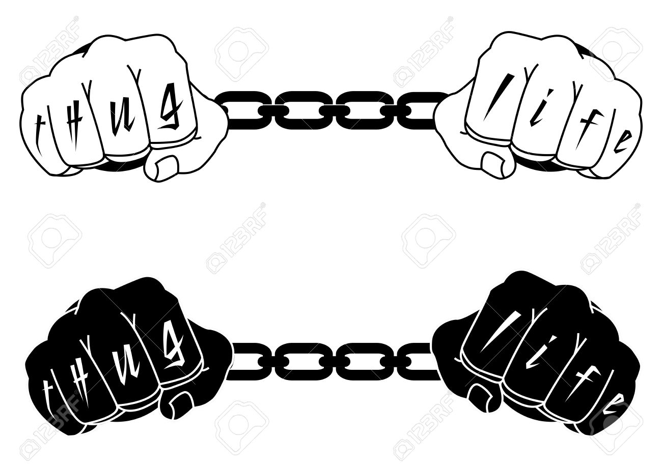 Male Hands In Steel Handcuff With Thug Life Tattoo Design