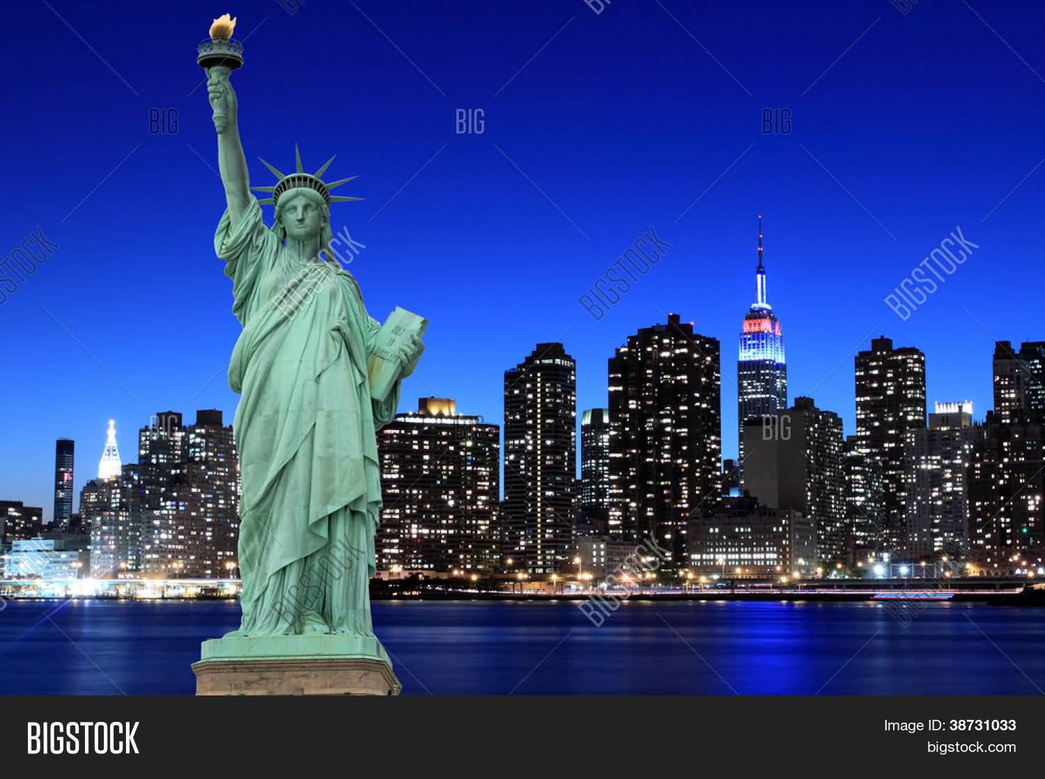 Manhattan Skyline And Statue Of Liberty Looks Amazing With Night Lights