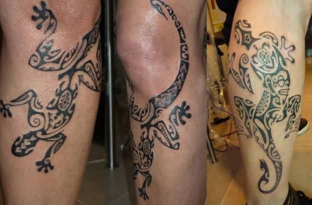 Maori Salamander Tribal Tattoo On Leg