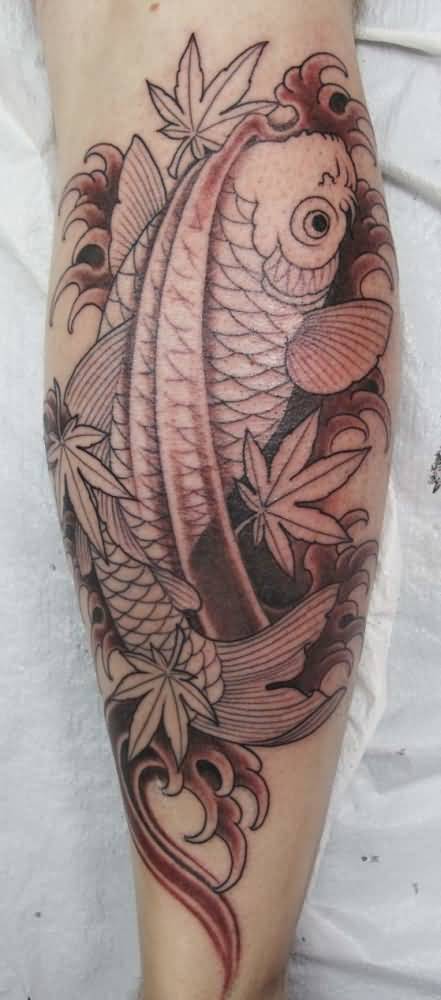 Marijuana Leaves And Koi Fish Tattoo On Leg by Chris Garver
