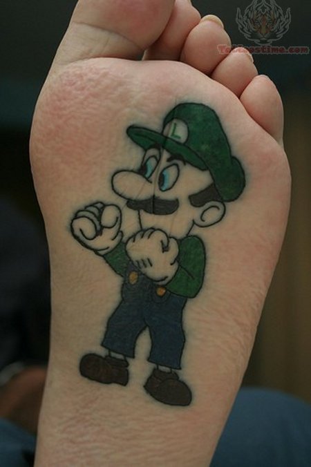 Mario Bros Luigi Tattoo On Sole Of Foot