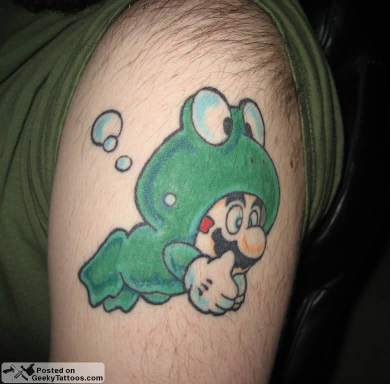 Mario Cartoon Tattoo On Shoulder