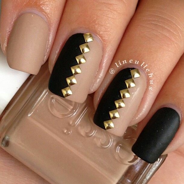 Matte Beige And Black Nails With Gold Studs Design Nail Art