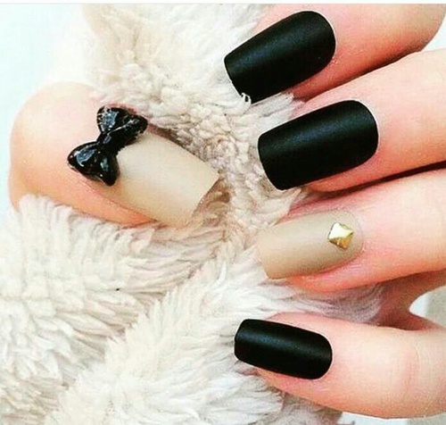 Matte Beige And Black With 3D Bow Nail Design Idea