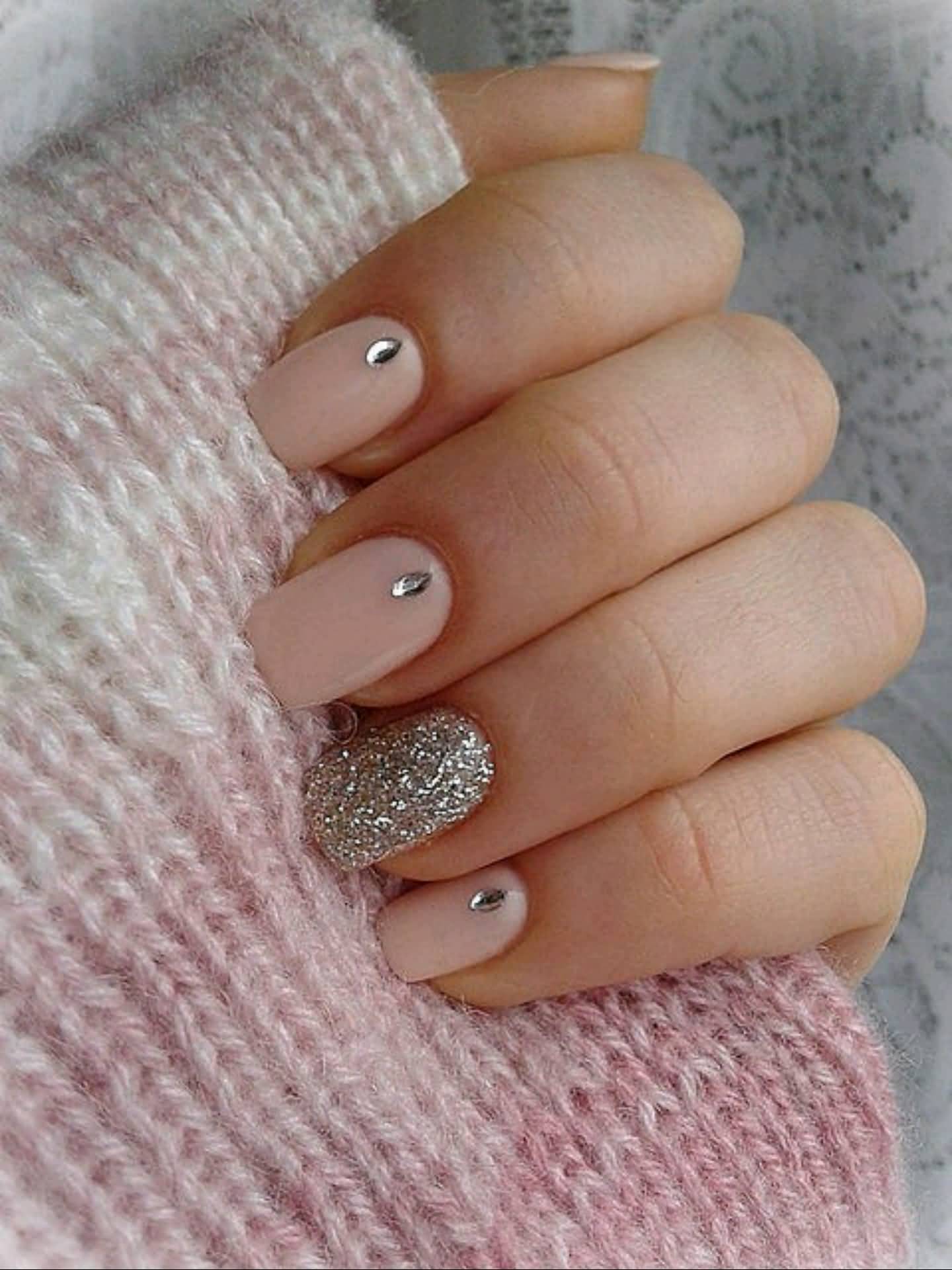 Matte Beige And Glitter Accent Nails With Rhinestones Design