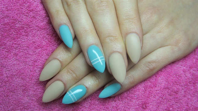 Matte Beige And Turquoise Nail Art