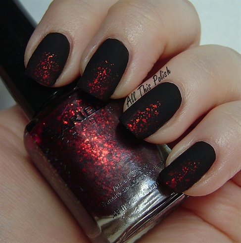 Matte Black And Red Glitter Gradient Nail Art