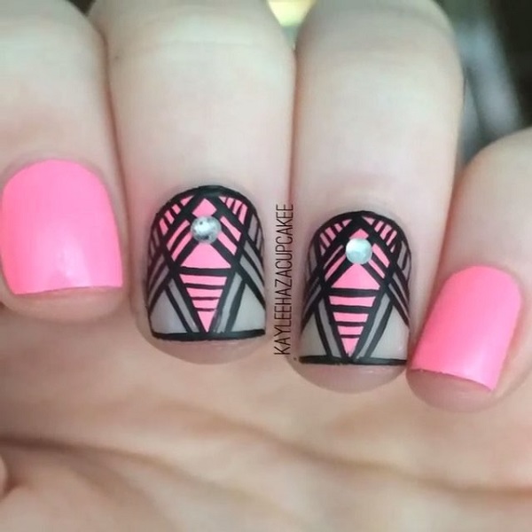 Matte Gray And Pink Abstract Nail Art Design