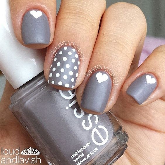 Matte Gray And White Hearts And Dots Design Nail Art