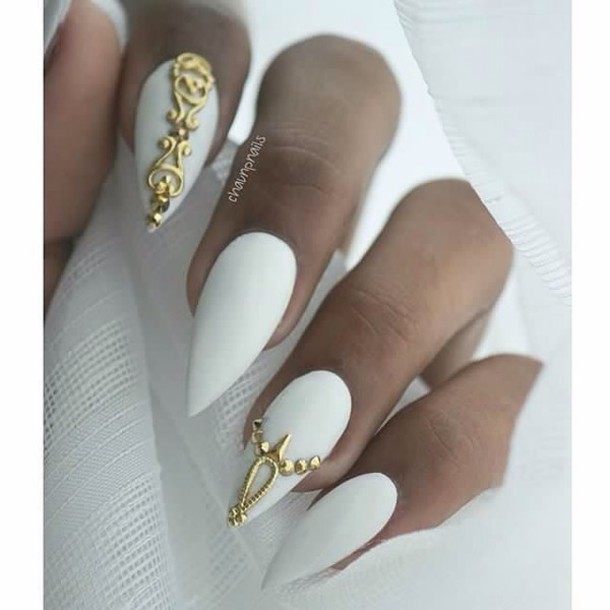 Matte Stiletto Nails With Gold Jewels Nail Art