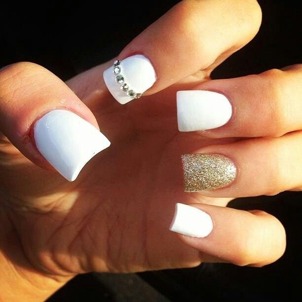 Matte White And Accent Gold Glitter And Rhinestones Nail Art