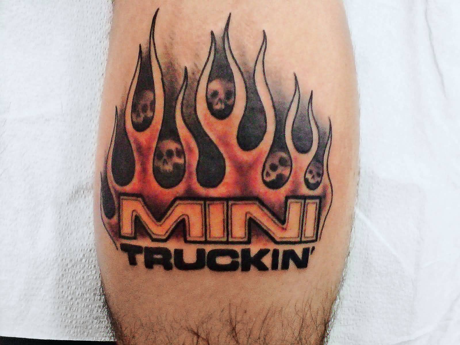 Mini Truckin Fire And Flame Tattoo On Leg