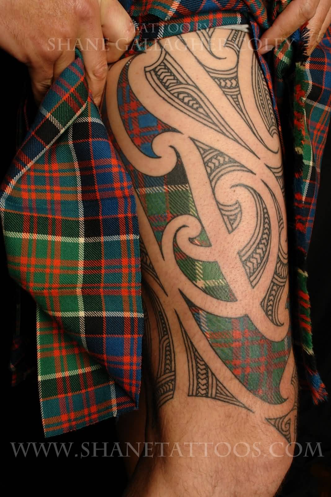 Mix Of Maori Scottish Tattoo On Thigh