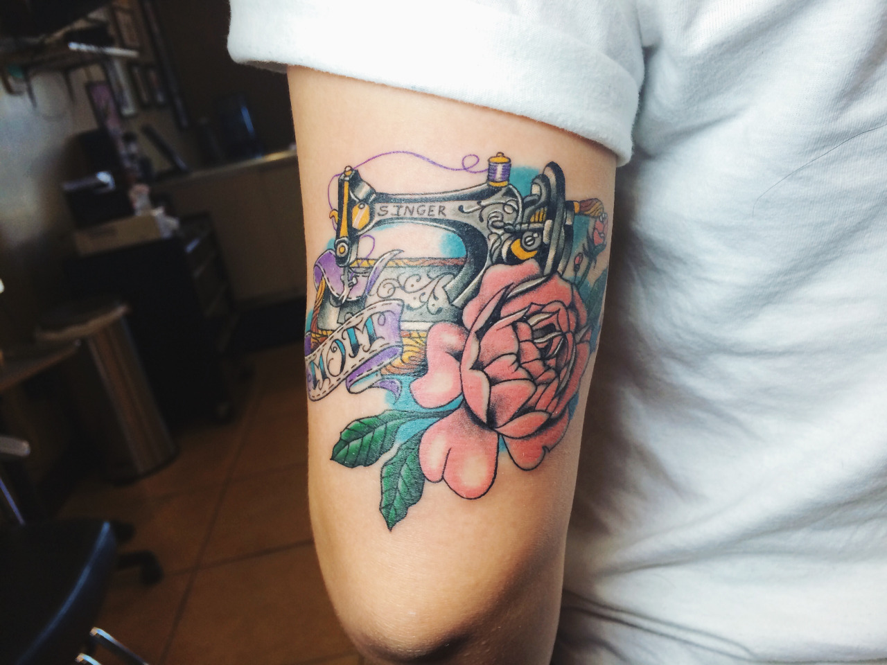 Mom Sewing Machine With Peony Tattoo By Tony Nguyen